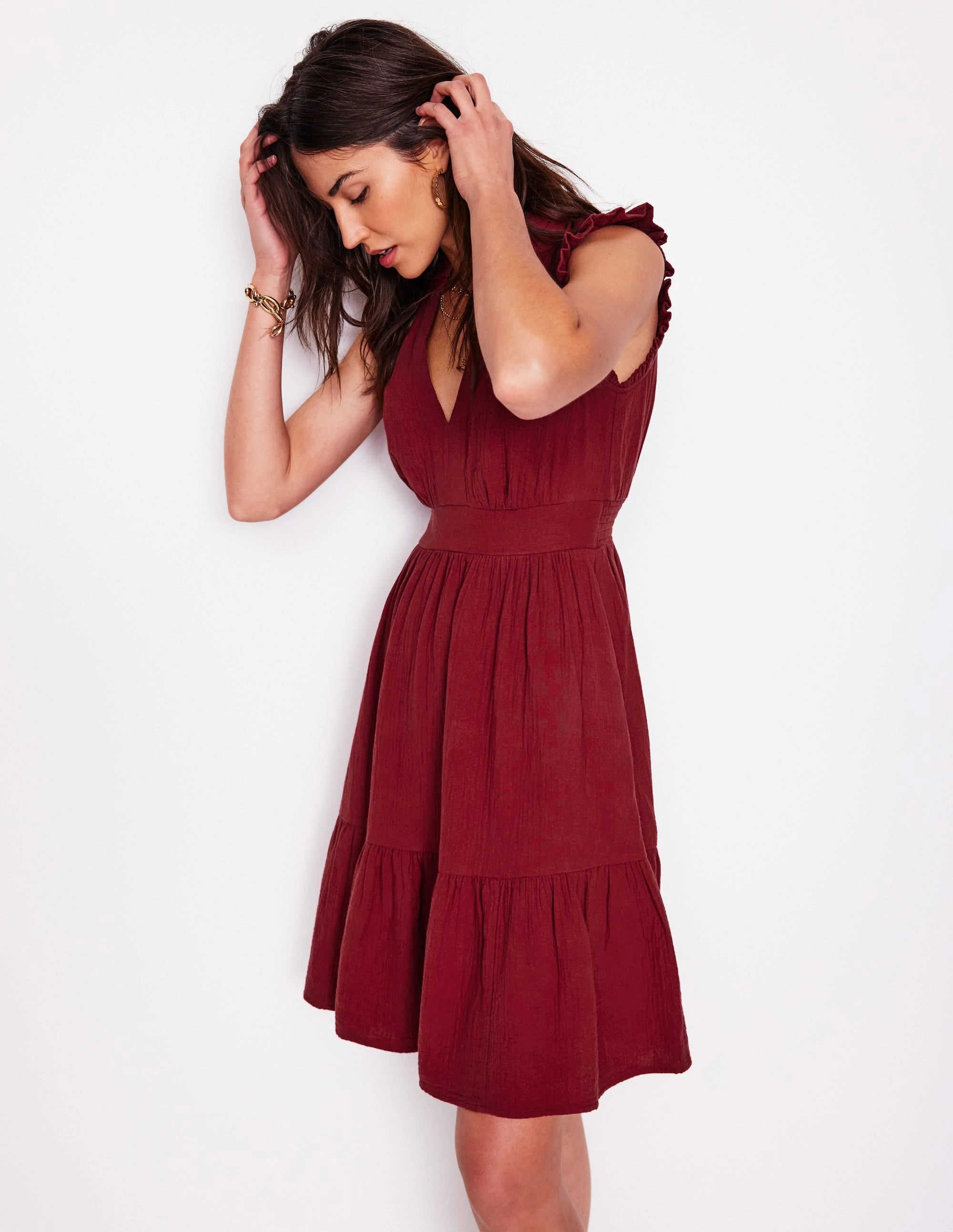 Wren Double Cloth Short Dress-Garnet Red Linen Soft