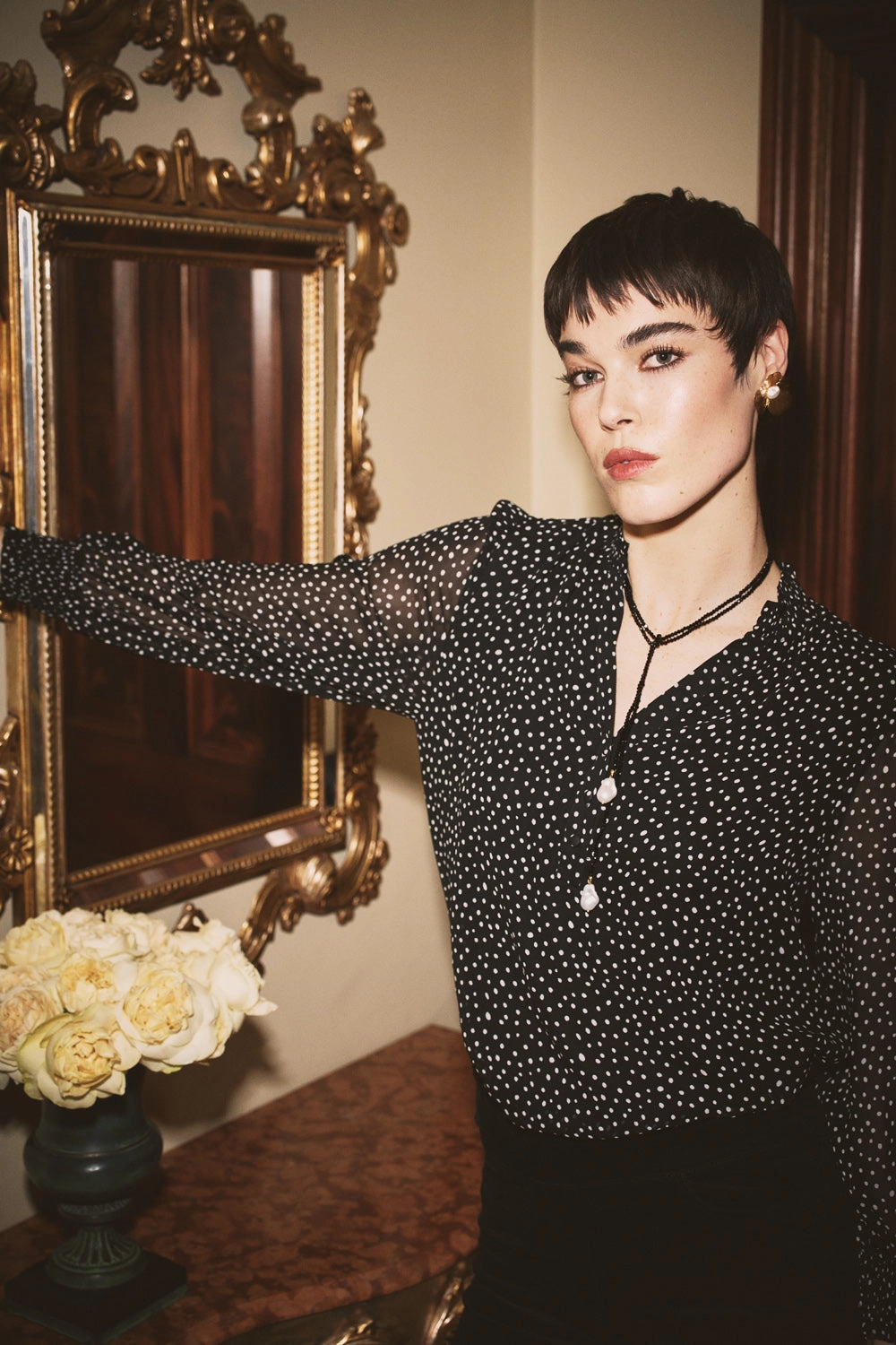 Modern Design Shirred Georgette Blouse - Black & White Spot