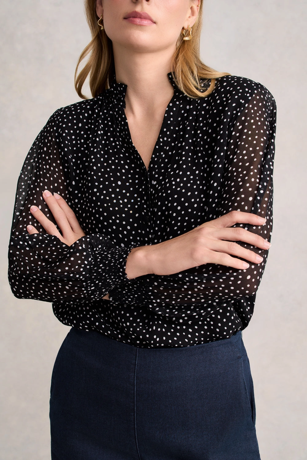 MicrofiberTech Shirred Georgette Blouse - Black & White Spot