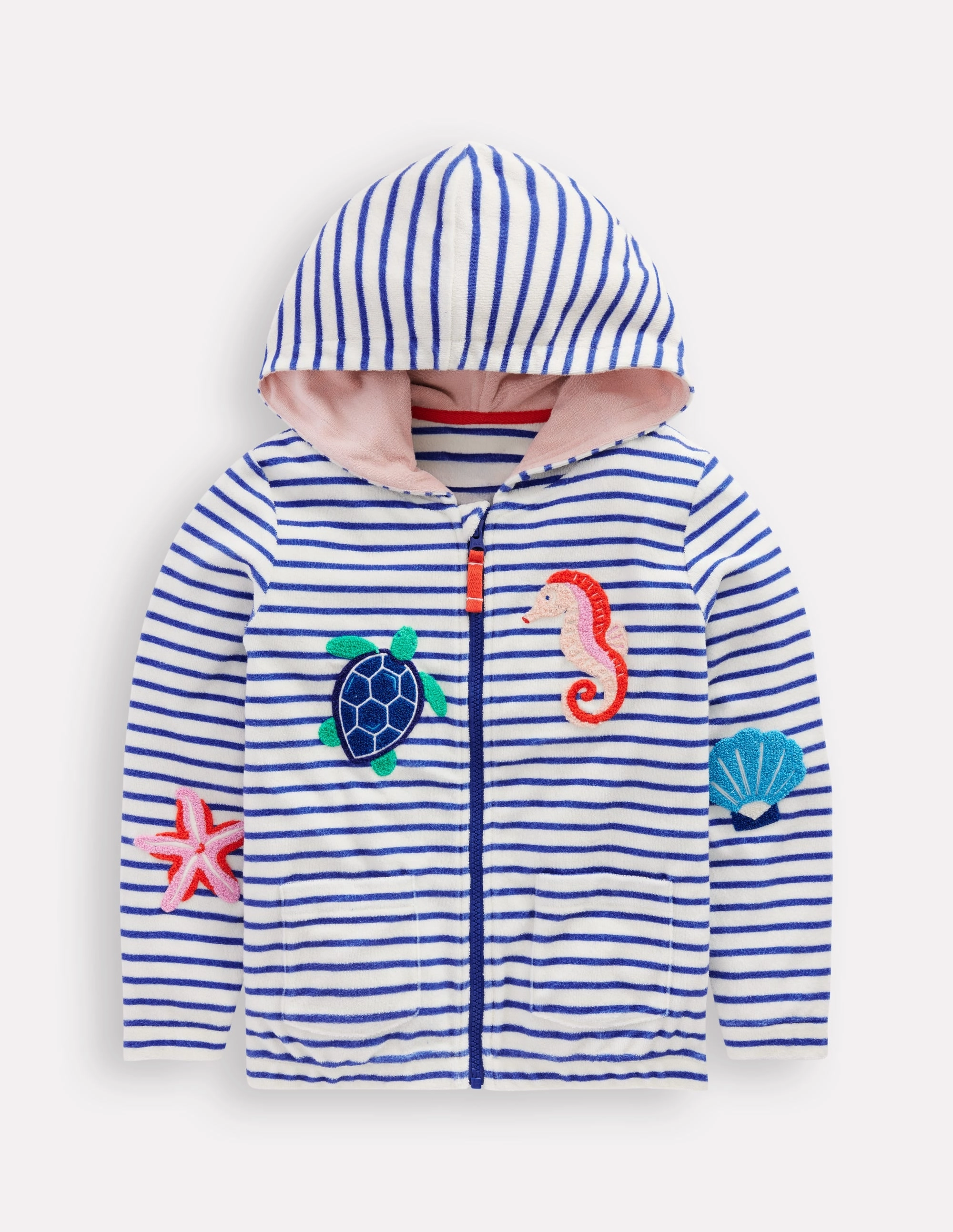 Ethically Sourced Material Cool and Comfortable Zip-Through Towelling Hoodie-Ivory/Bright Blue Sea Stripe