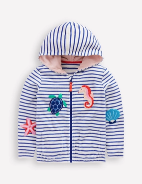 Ethically Sourced Material Cool and Comfortable Zip-Through Towelling Hoodie-Ivory/Bright Blue Sea Stripe