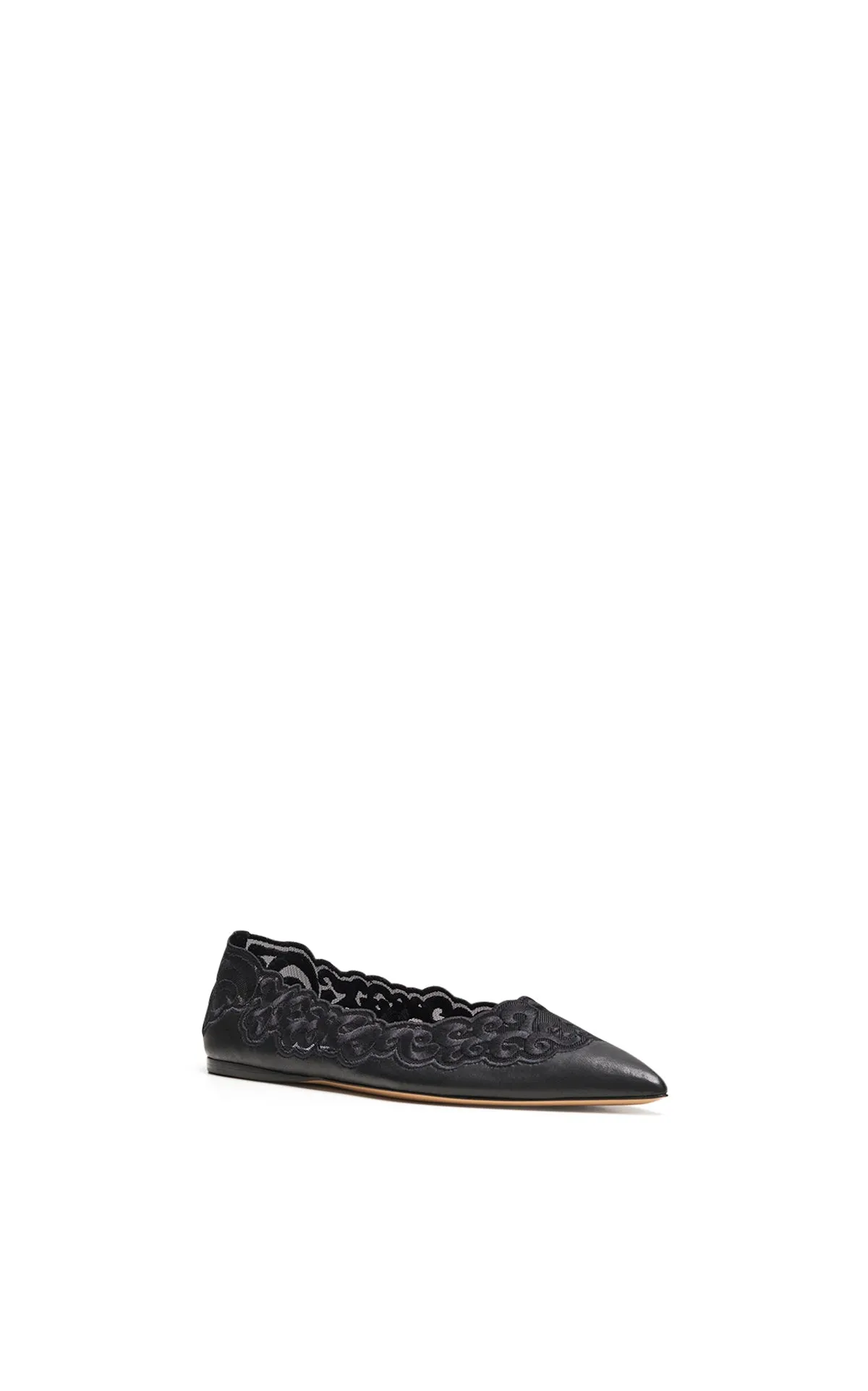 Ziva Flat Shoe in Black Nappa Leather and Silk Lace Cotton Feel Island View