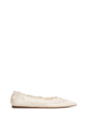 Ziva Flat Shoe in Ivory Nappa Leather and Silk Lace Casual Wear