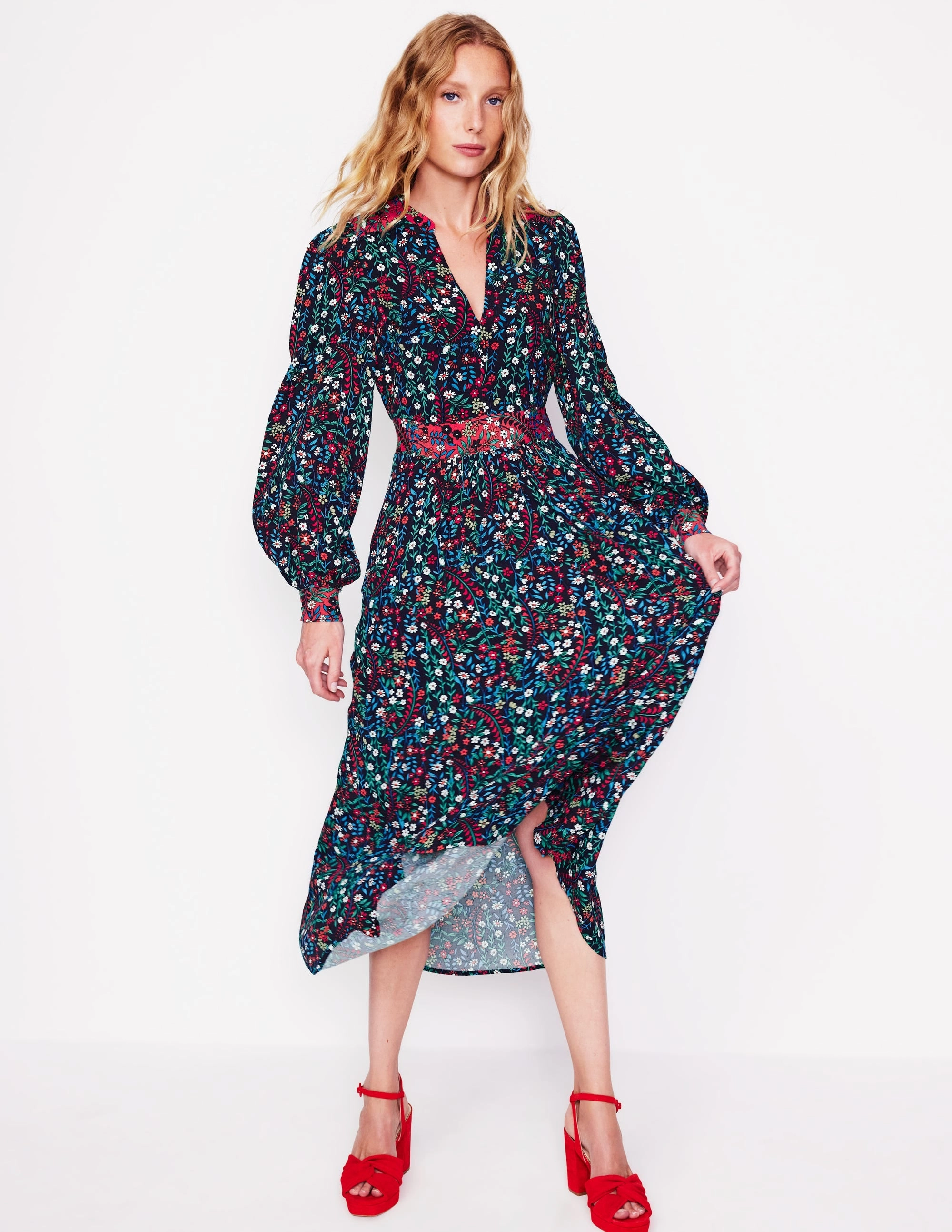 Shine Finish SoftTouchTexture Zoe Trim Detail Midi Dress-French Navy, Foliage Bud